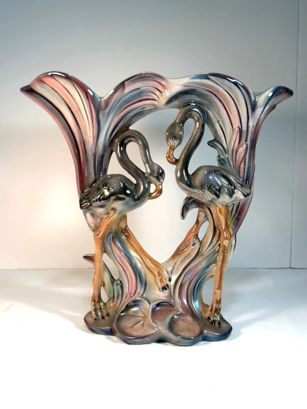 Vintage Large Iridescent Flamingoes Lustreware Double Vase 12.5